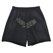 Sp5der black sweatshorts featuring an embroidered iconic OG logo in a comfortable, premium, modern streetwear style.