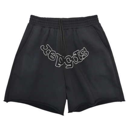 Sp5der black sweatshorts featuring an embroidered iconic OG logo in a comfortable, premium, modern streetwear style.
