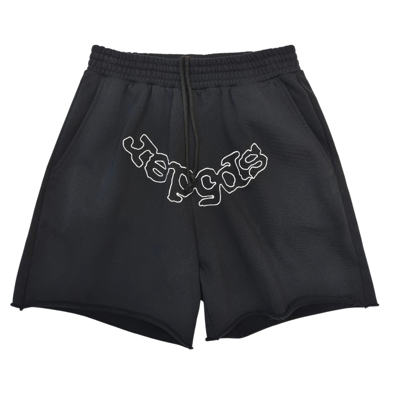 Sp5der black sweatshorts featuring an embroidered iconic OG logo in a comfortable, premium, modern streetwear style.