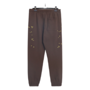 Back view of brown Sp5der 555 555 sweatpants with yellow star accents, featuring a relaxed fit and premium fabric.