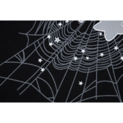 Detail shot of the Sp5der Young Thug Atlanta T-shirt featuring a bold white spider web and star graphic on black fabric.