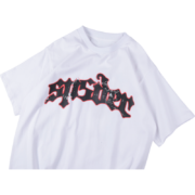Sp5der Juan V2 white graphic tee with a bold motorsport-inspired design and signature Sp5der branding on the chest.