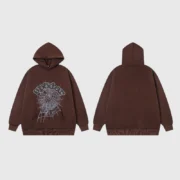 Front and back view of the brown Sp5der OG Web V2 heavyweight fleece hoodie with signature web graphic design.