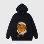 Sp5der X Metro Boomin Heroes and Villains black hoodie featuring orange signature web graphics and premium construction.