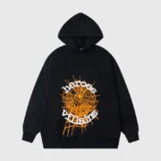 Sp5der X Metro Boomin Heroes and Villains black hoodie featuring orange signature web graphics and premium construction.