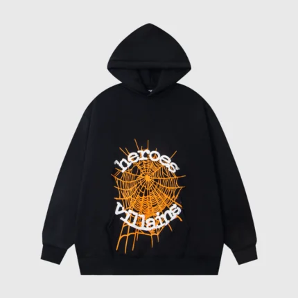 Sp5der X Metro Boomin Heroes and Villains black hoodie featuring orange signature web graphics and premium construction.