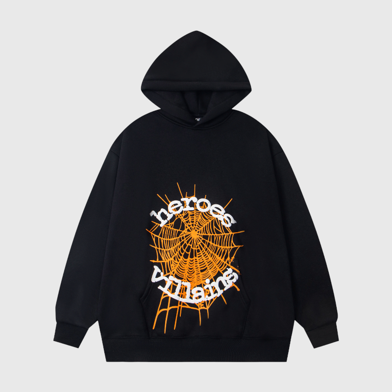 Sp5der X Metro Boomin Heroes and Villains Black Hoodie Sp5der X Metro Boomin Heroes and Villains black hoodie featuring orange signature web graphics and premium construction.