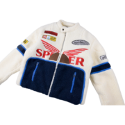 The white Sp5der wor1dwide 555555 Hunters sherpa jacket features bold racing-inspired branding and cozy fleece lining.