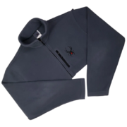 Front view of the grey Sp5der fleece jacket featuring a full-zip closure, chest pocket, and iconic brand spider logo.
