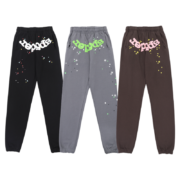 Sp5der OG Web sweatpants collection in black, grey, and brown with signature star web graphic design and relaxed fit.