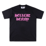 Front view of the black SP5DER Hellcat Kenny streetwear t-shirt with bold pink graphic lettering on the chest.