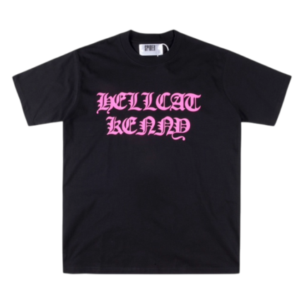 Front view of the black SP5DER Hellcat Kenny streetwear t-shirt with bold pink graphic lettering on the chest.