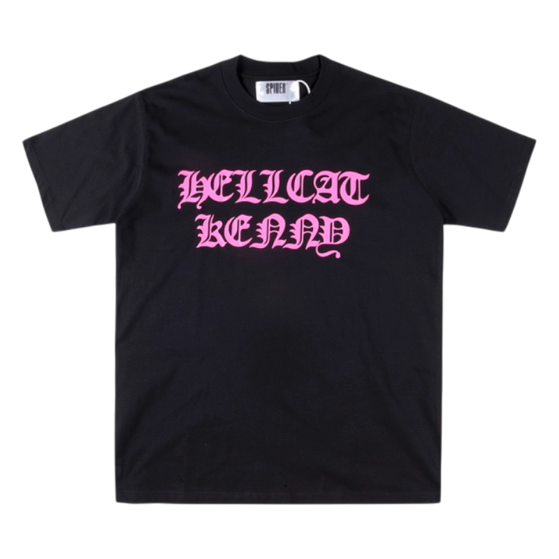 Front view of the black SP5DER Hellcat Kenny streetwear t-shirt with bold pink graphic lettering on the chest.