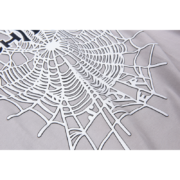 A close-up view of the white spider web graphic on the gray Sp5der Arach NY Phobia cotton streetwear t-shirt.