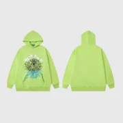 Front and back view of the vibrant green Sp5der OG Web V2 Hoodie featuring the signature spider web graphic print.