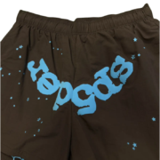 Sp5der OG Web double layer shorts in brown featuring a bright blue iconic logo and star graphic streetwear design.