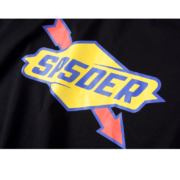 Close-up view of the Sp5der The Spot Tee graphic logo, featuring yellow and blue branding on a black cotton shirt.