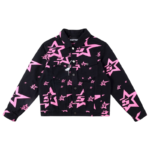 Sp5der 5 Star Trucker Jacket in black featuring a bold pink star pattern, a classic streetwear statement piece.