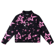 Sp5der 5 Star Trucker Jacket in black featuring a bold pink star pattern, a classic streetwear statement piece.