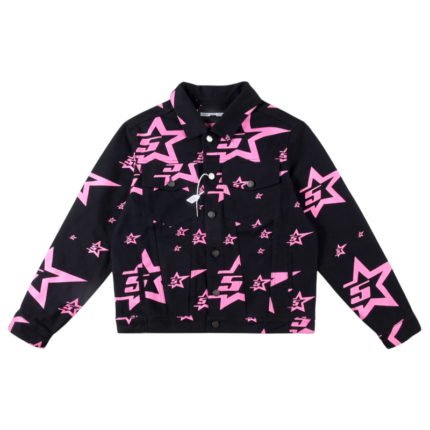 Sp5der 5 Star Trucker Jacket in black featuring a bold pink star pattern, a classic streetwear statement piece.