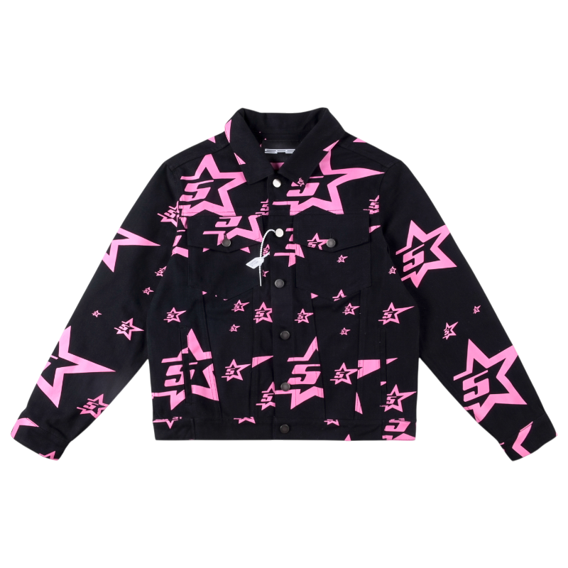 Sp5der 5 Star Trucker Jacket in black featuring a bold pink star pattern, a classic streetwear statement piece.