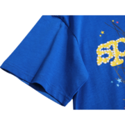 Royal blue Sp5der Summer Sports T-shirt showing a close-up of the sleeve and yellow spider graphic detail.