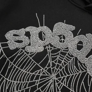 Sp5der Rhinestone Web Graphic Hoodie 'Black' close up