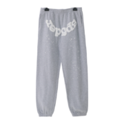 Front view of SP5DER gray OG web sweatpants with iconic branding, relaxed fit, and premium cotton construction.