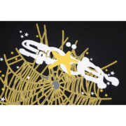 Detailed graphic of the SP5DER web print design on a gothic punk t-shirt with yellow stars and white lettering.