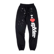 Black Sp5der Souvenir SP5 sweatpants with a red heart and white star graphic print, featuring a comfortable loose fit.