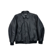 Front view of the SP5DER Debossed Web Studded Leather Jacket featuring a textured spider web pattern in black leather.