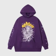 Front view of the purple Sp5der Star OG Web V2 Hoodie featuring the iconic web graphic and star detailing for streetwear.