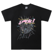 Front view of the Sp5der Web Pink Print T-shirt in black, featuring a vibrant web graphic and star detailing design.
