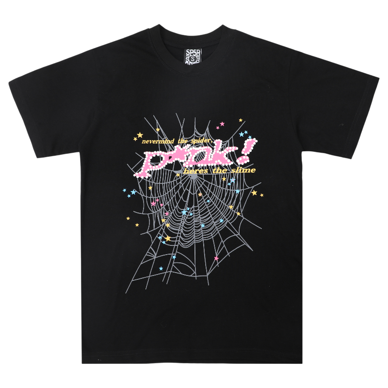 Front view of the Sp5der Web Pink Print T-shirt in black, featuring a vibrant web graphic and star detailing design.