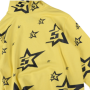 Sp5der 5Star Hoodie in vibrant yellow featuring a repeating iconic black star graphic print across the premium fabric.