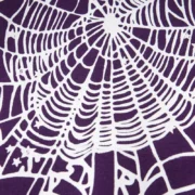 Close-up view of the purple Sp5der Star OG Web V2 hoodie featuring a high-definition white web and star graphic print.