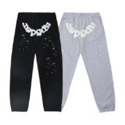 Front view of SP5DER black and gray OG web sweatpants featuring iconic web branding and a relaxed fit design.
