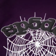 Close-up view of the Sp5der web graphic printed on the chest of a vibrant purple premium heavyweight hoodie garment.