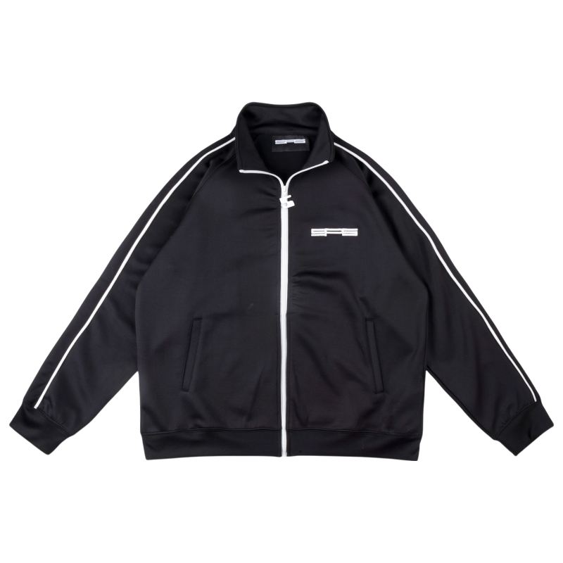 Front view of the black SP5DER G550 performance jacket with white piping, showcasing modern style and premium design.