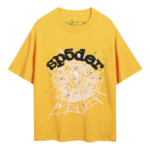 A vibrant yellow SP5DER t-shirt featuring a bold black logo and iconic spider web graphic design for men.
