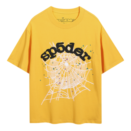 A vibrant yellow SP5DER t-shirt featuring a bold black logo and iconic spider web graphic design for men.