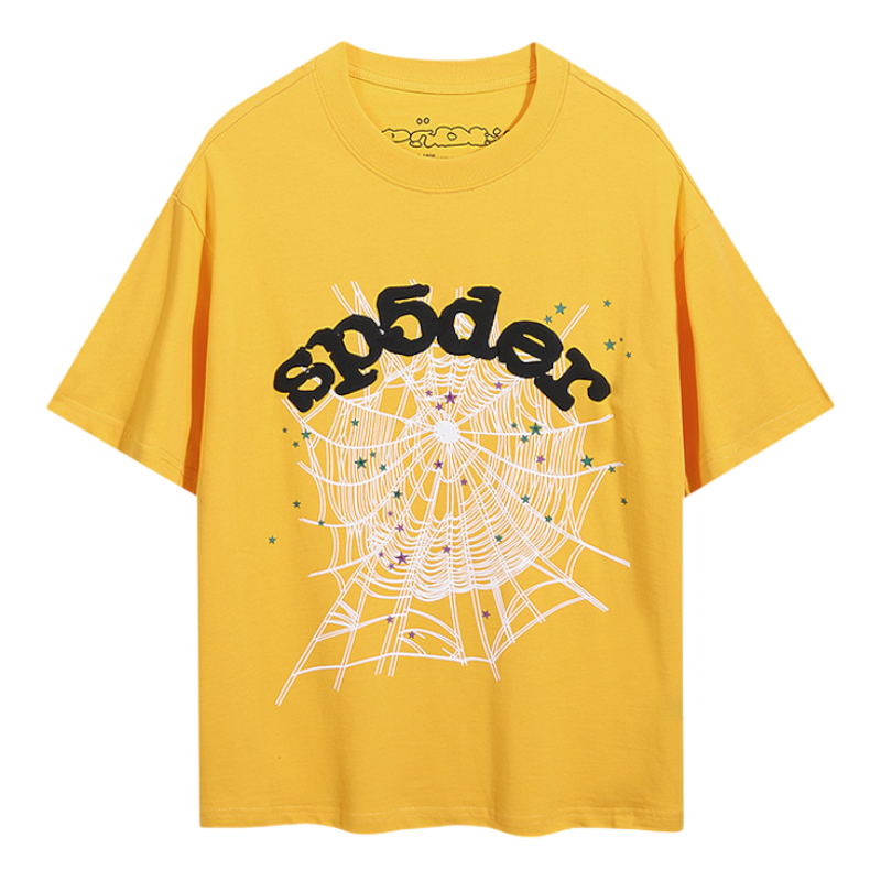 A vibrant yellow SP5DER t-shirt featuring a bold black logo and iconic spider web graphic design for men.