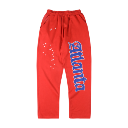 Unisex Sp5der Red Atlanta open leg sweatpants featuring a loose fit, heavy fabric, and detailed branding graphics.