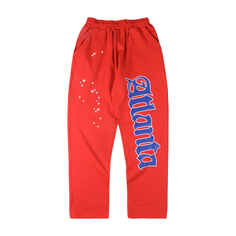 Unisex Sp5der Red Atlanta open leg sweatpants featuring a loose fit, heavy fabric, and detailed branding graphics.