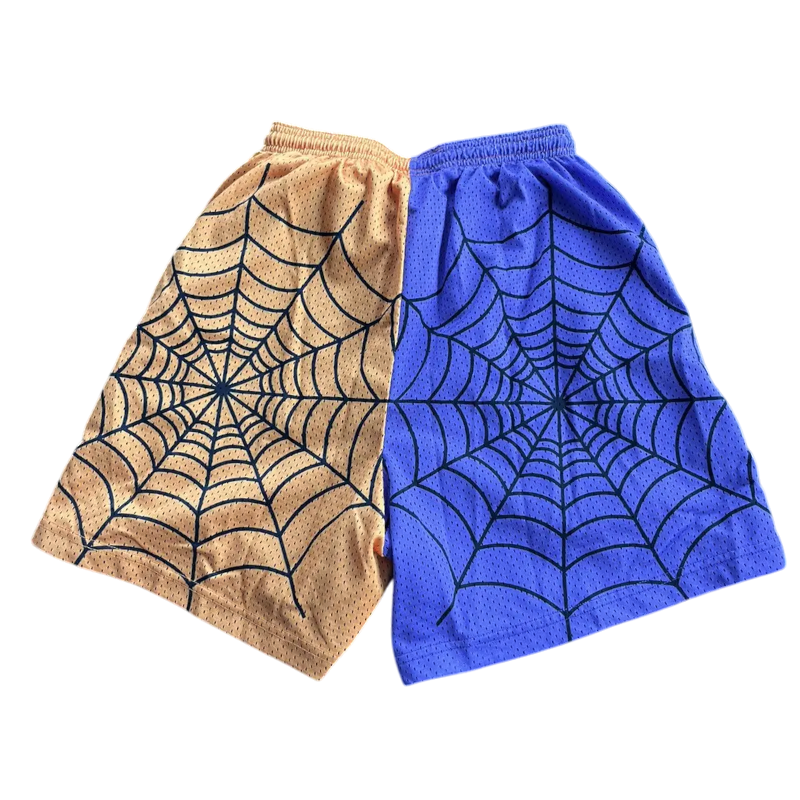 Front view of the Sp5der Lost Files split-design basketball shorts featuring a unique two-tone color web graphic.