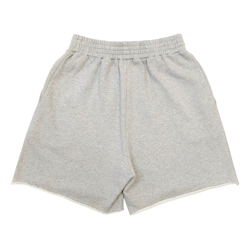 Back view of the grey Sp5der OG Web Logo sweat shorts featuring premium French Terry fabric and a relaxed fit.