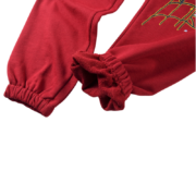 Close-up view of the SP5DER Logo Sweatpants in maroon featuring a bold embroidered design on soft fleece material.