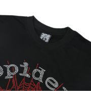 Black Thug Sp5der t-shirt featuring a detailed rhinestone logo on the neck and bold urban graphic branding elements.