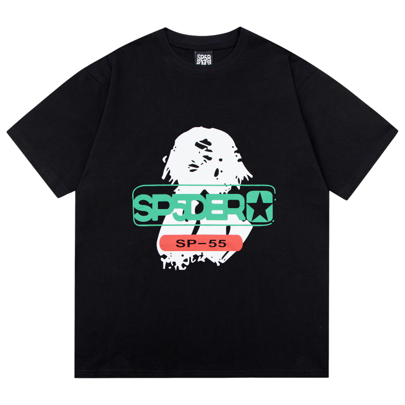 Black Sp5der Reunion 555 graphic T-shirt featuring an iconic logo design for a stylish and comfortable everyday look.