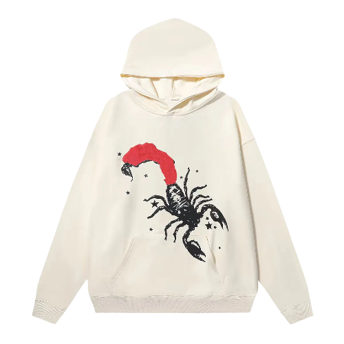 Sp5der x Mariah the Scientist Scorpion Hoodie Cream Front View Sp5der x Mariah the Scientist Scorpion Hoodie in cream with a graphic print featuring a black and red scorpion design.
